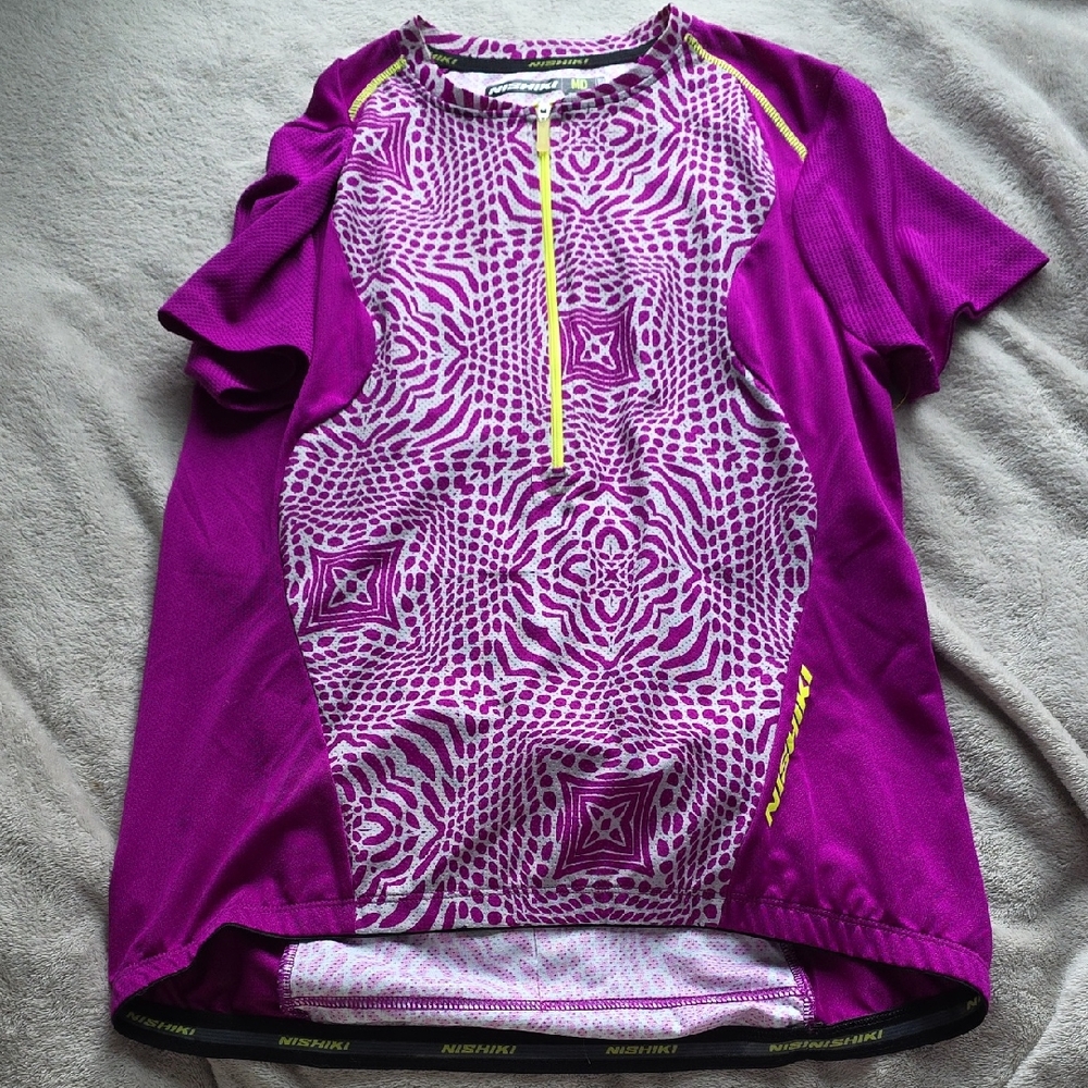 Geometric Purple Cycling Jersey with Yellow Accents